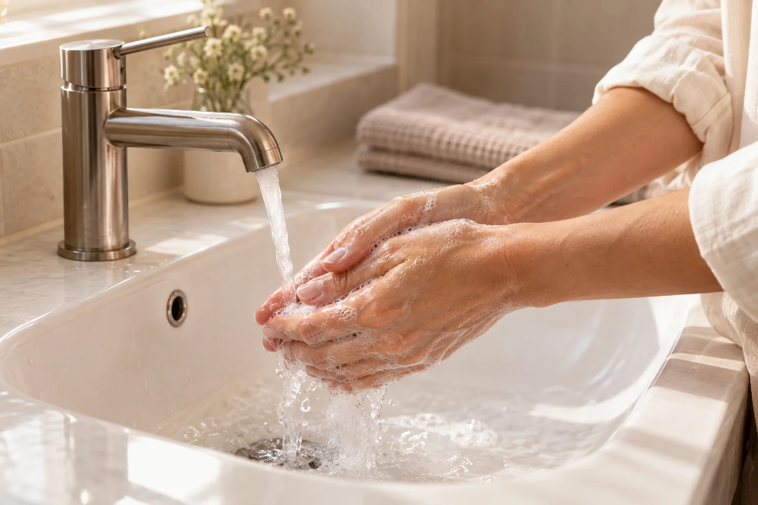 Hands being washed with soap under running water at a clean basin