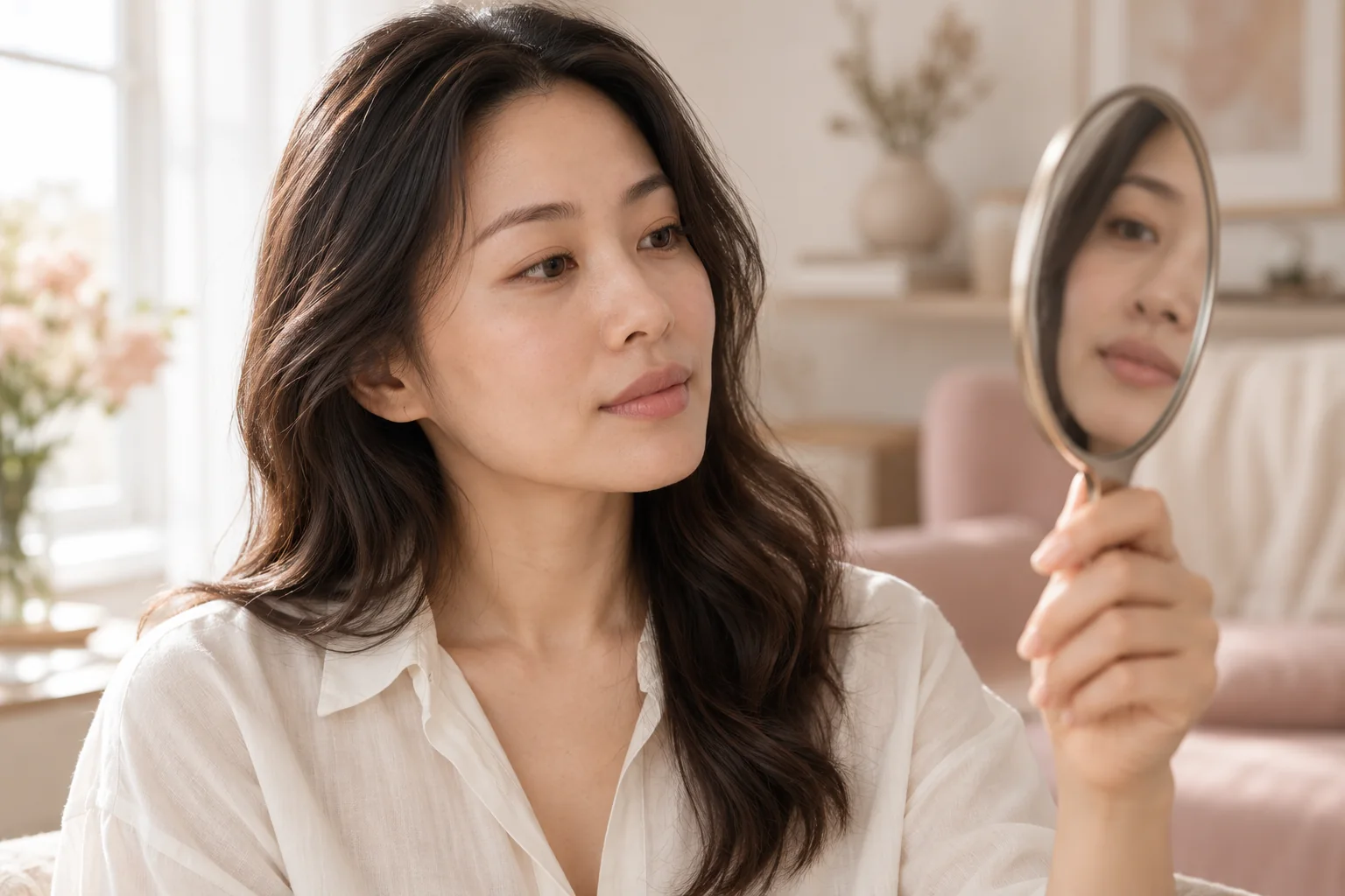 Woman checking her lips in a handheld mirror in a softly lit room