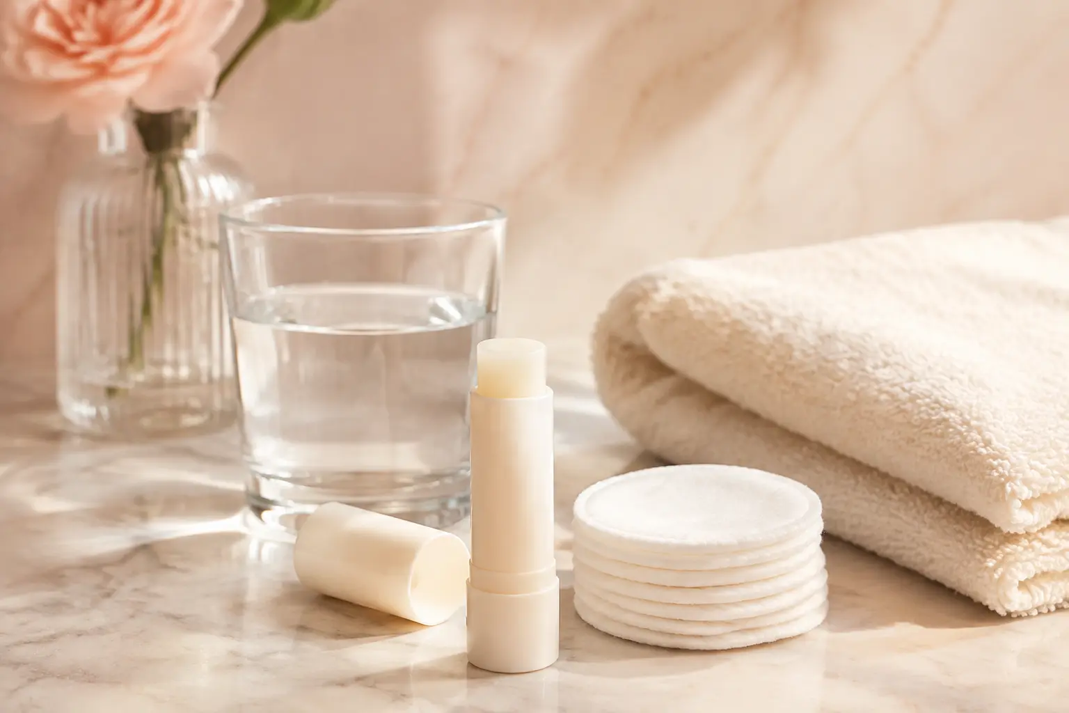 Simple lip aftercare items with plain balm, cotton pads and water