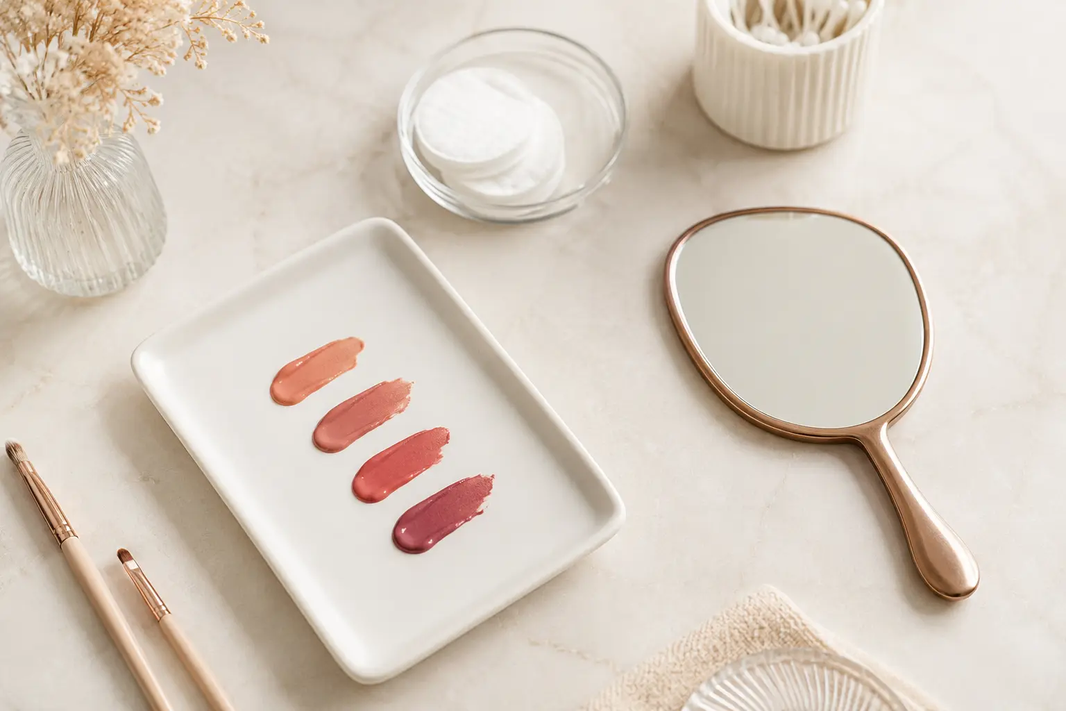 Muted rose and nude colour options arranged for a lip blush consultation