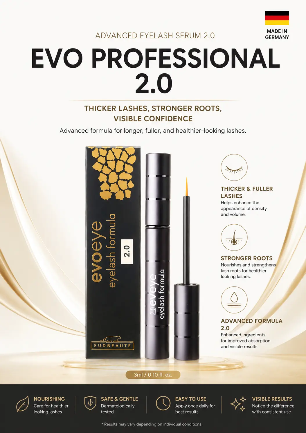 Evoeye Professional 2.0 eyelash formula product packaging and applicator